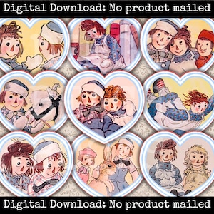 Corazones recortados de Raggedy Ann, corazones de San Valentín, diario basura, etiquetas de regalo, adornos para cupcakes, álbumes de recortes, collages, suministros para fiestas, imprimibles