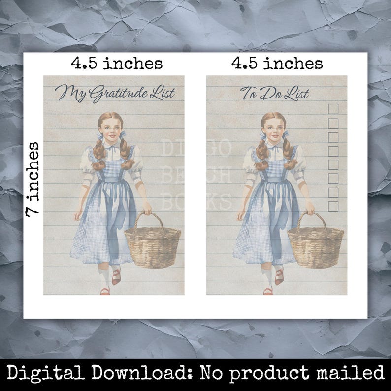 Wizard of Oz printable writing pages shown two per 8.5 x 11 sheet. 4.5 x 7 inch gratitude list and to do list inserts with vintage Dorothy illustration and lined paper background. Planner inserts for junk journals, traveler’s notebooks, and printable stationery. Digital download.