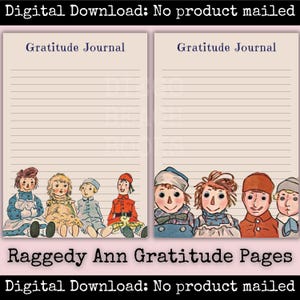 Raggedy Ann afdrukbaar dankbaarheidsdagboek Vintage kortstondige digitale download voor ongewenste tijdschriften Scrapbooking en Happy Mail