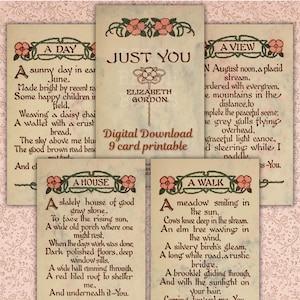 Puede incluir: Un conjunto de tarjetas imprimibles de estilo vintage con detalles florales y poesía. Las tarjetas presentan títulos como "A Day", "Just You", "A View", "A House" y "A Walk". El texto incluye poemas y "Digital Download 9 card printable".