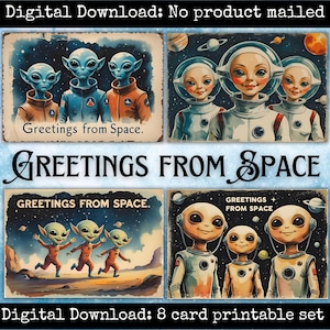 Salutations de l'espace Cartes postales imprimables Éphémères extraterrestres rétro pour journaux indésirables Scrapbooking Étiquettes à collage Happy Mail Crafts