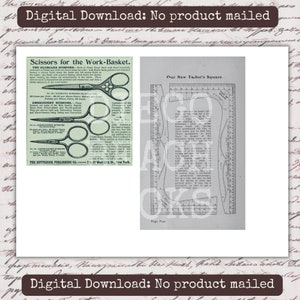 May include: Vintage digital download featuring two pages of sewing-related ephemera. One page showcases scissors, including embroidery scissors, with detailed descriptions. The other page displays a tailor's square with text. The image is in black and white.
