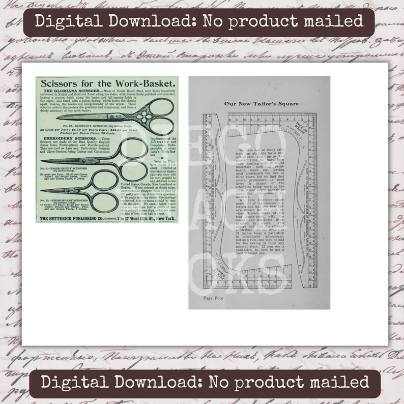 May include: Vintage digital download featuring two pages of sewing-related ephemera. One page showcases scissors, including embroidery scissors, with detailed descriptions. The other page displays a tailor's square with text. The image is in black and white.