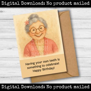 Carte d'anniversaire grand-mère imprimable vintage drôle grand-mère avec des lunettes avoir vos propres dents est quelque chose pour célébrer l'amitié de carte d'anniversaire