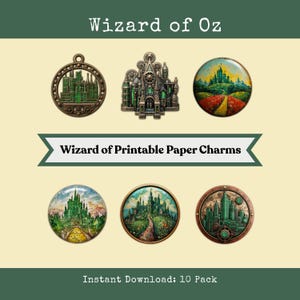 Op de afbeelding: De afbeelding toont een verzameling papieren bedels met het thema De Tovenaar van Oz. De bedels bevatten illustraties van de Emerald City en andere iconische beelden. De tekst "Wizard of Printable Paper Charms" is ook aanwezig.