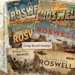 Roswell-Postkarten-Set zum Ausdrucken: Vintage-UFO-Alien-Scrapbook-Karten, Junk-Journal-Set