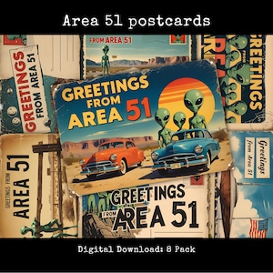 Greetings from Area 51 Postcards Printable UFO Alien Junk Journal Kit Space Scrapbook Cards