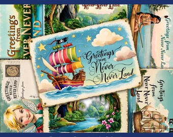 Greetings from Neverland Postcards Printable Peter Pan Scrapbook Cards Junk Journal Ephemera