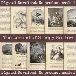 Páginas de livros vintage da lenda de Sleepy Hollow para impressão, itens efêmeros de Sleepy Hollow, kit de diário assustador de lixo, cartões de diário de lixo de Sleepy Hollow