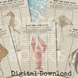 Vintage Sea Creatures Library Cards Digital Download Set, Vintage Ocean Junk Journal Ephemera