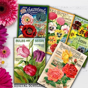 Pacote de sementes de flores para impressão, conjunto 1, kit de diário de lixo de jardim de flores, pacote de sementes vintage, kit de itens efêmeros para impressão de jardim vintage