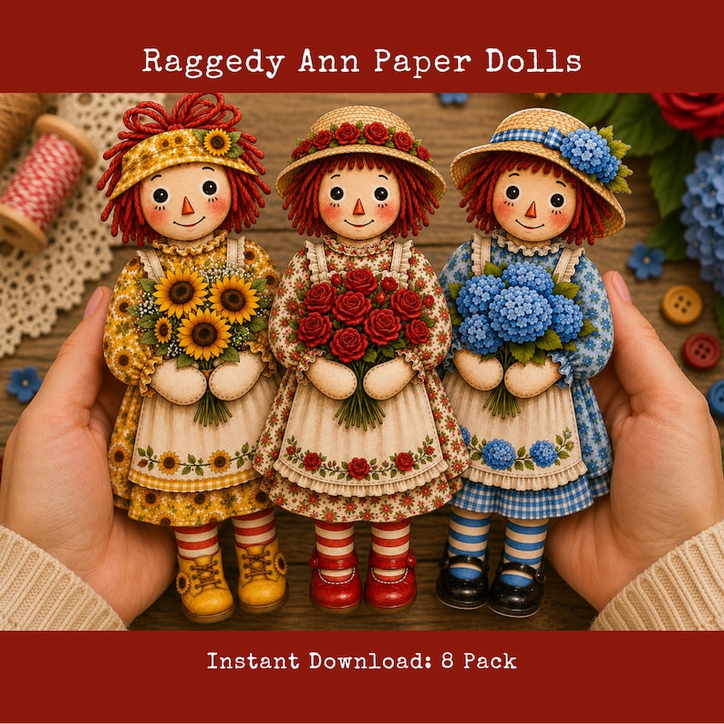 Raggedy Ann Paper Dolls Printable Flower Fussy Cut Characters Junk ...