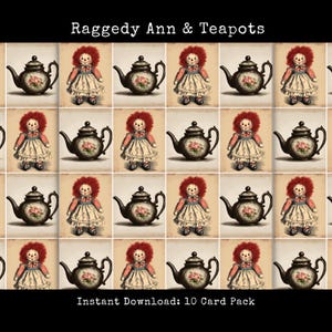 Tarjetas imprimibles para álbum de recortes de Raggedy Ann, muñecas y teteras, artículos para diario creativo