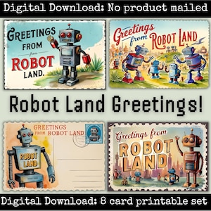 Grüße vom Roboterland Vintage Retro Roboter druckbare Postkarten Junk Journal Scrapbooks Storybook Ephemera Happy Mail
