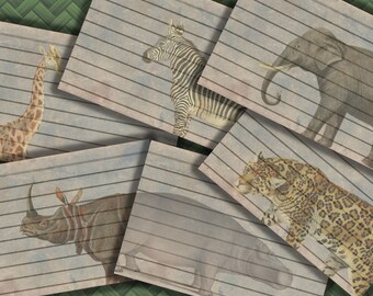 Safari Animal Index Cards Printable 6 Piece Set, Safari Adventure Ephemera, Printable Index Card, Junk Journal Supplies, Vintage Safari
