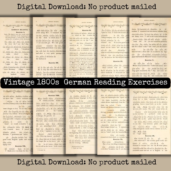 Vintage 1800s German Reading Exercises Book Pages Printable 10 Piece Set Vintage German Ephemera German Language Printable Book Page