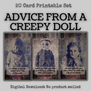 Consigli da una bambola inquietante, stampa di carte con pezzi, bambola inquietante vintage, materiale effimero stampabile, materiale effimero macabro vintage, Dark Academia