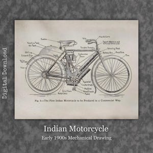 May include: A detailed black and white mechanical drawing of an early 1900s Indian motorcycle. The illustration highlights the motorcycle's parts, such as the engine, wheels, and handlebars. The text at the bottom reads "Indian Motorcycle Early 1900s Mechanical Drawing."