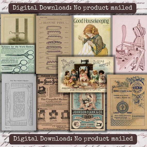 Printable Sewing Junk Journal Kit Vintage Craft Ephemera Scrapbook Collage Sheets