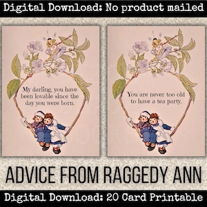 Conselhos de cartões imprimíveis da Raggedy Ann – itens vintage da Raggedy Ann para scrapbooking, afirmação, diários de lixo, correspondências felizes e presentes
