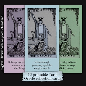 May include: Three tarot cards with the Magician design, each with a different pastel background. The cards feature an illustration of a figure with a wand, table, and symbols. Text at the bottom reads "12 printable Tarot Oracle reflection cards."