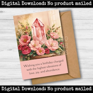 Carte d'anniversaire en quartz rose, amis, soeur, petite amie, tante, maman, fille, joyeux anniversaire, carte de voeux imprimable, énergie positive