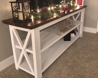 Farmhouse hardwood media and console table, wood tv stand (delivery only available within 100 miles of 48188 Michigan) pickup also available
