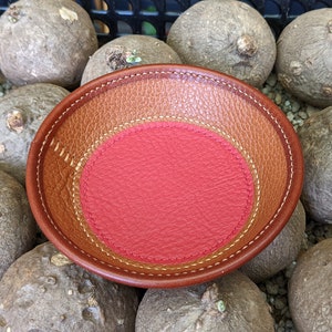 Puede incluir: Un pequeño plato redondo de cuero marrón con un centro de cuero rojo. El plato está rodeado de objetos redondos y texturizados de color marrón.