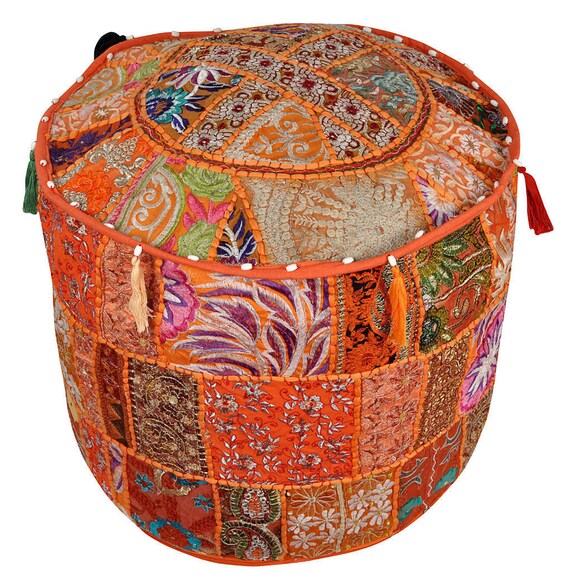 Indian Hippie Khambadia Pouf Ottoman Foot Stool Cover Floor Pillow Round Pouf Cover Decor Patchwork Seating Stool Cover