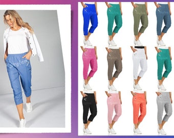 Womens Capri Trousers Ladies Three Quarter Soft 3/4 Cropped Pants Ladies Stretch Pull on Trousers Elasticated Waist Plus Size Summer Shorts