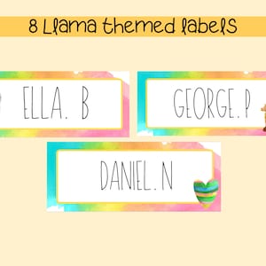 llama themed name tags, rainbow watercolour themed name labels, cactus themed, sombrero name tags