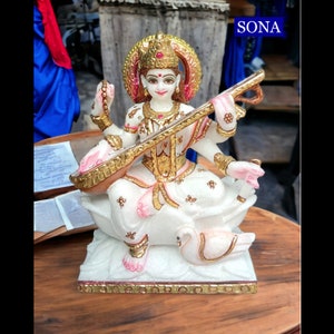 Marble Saraswati Statue, Marble Sarasvati Statue Idol Murti Moorti Sculpture, Goddess Saraswati Home Temple Mandir, Religious Idols Gift
