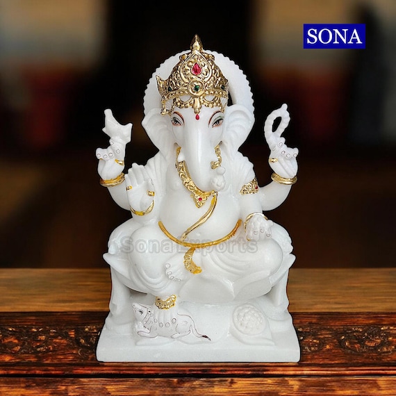 12 Inch Pure White Marble Ganesh Statue Idols Moorti Murthi, Ganesha Statue Idols Hindu Home Temple, Ganpati Statue Idol Moorti,Ganesh Pooja