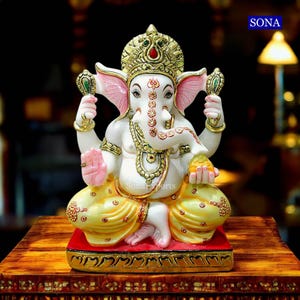 White Marble Lord Ganesha Statue, 12” Ganesha Murti Idol Ganpati Sculpture, Ganesha Figurine for Home Office, Divine Vinayaka Idol, Figurine