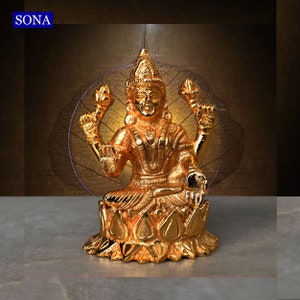 Brass Lakshmi Statue Idol, Sitting Goddess Dhan Laxmi Statue Idol, Gold plated, Hindu Goddess Deity, Spiritual Religious Pooja Gifts Article