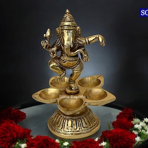 Ganesh with Diya, Brass Ganpati with Diya, Brass Oil Lamp with Ganesh, Yoga Meditation Beautiful Handcrafted Diya. Home Room Decoration