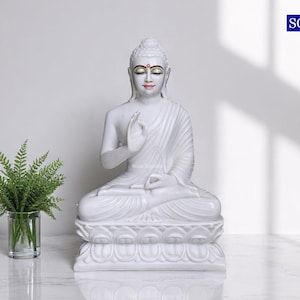 Estatua de Buda Gotam Blanco, Buda Sentado en Loto, Estatua de Buda para Jardín Interior y Exterior, Estatua de Buda Grande de 45 cm, Buda de Mármol Artificial