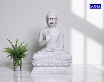 White Gotam Buddha Statue, Buddha Sitting Lotus, Indoor Outdoor Garden Buddha Statue, 18 inch Large Buddha Statue, Artificial Marble Buddha