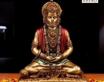 Sitting Hanuman Statue with Gada, Small Hanuman Idol, Bajrangbali Statue Bahubali God Figurine Sculpture, Monkey God of Strength
