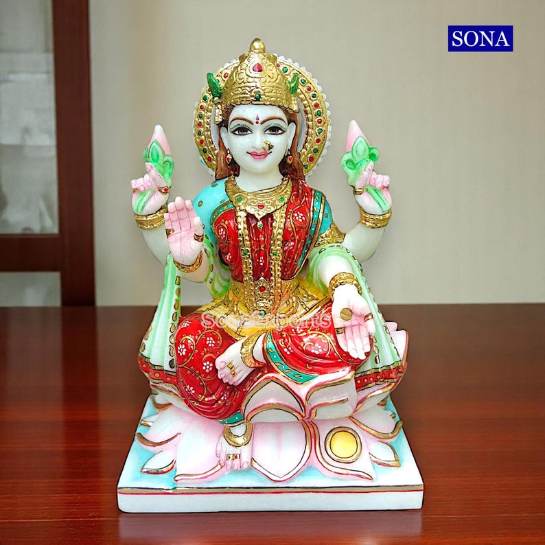 Buy Marble Lakshmi Statue – Handcrafted Makrana Marble Idols of Goddess Laxmi Murti for Home Pooja Room Temple | Lakshmi Figurine Sculpture image 2