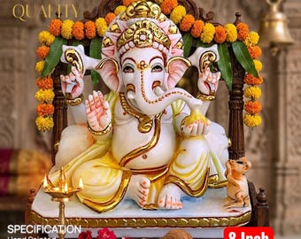 Handmade Ganesha Statue: 8 Inch Ganpati Idol for Pooja Room, Religious Decor, Prosperity Indian Art