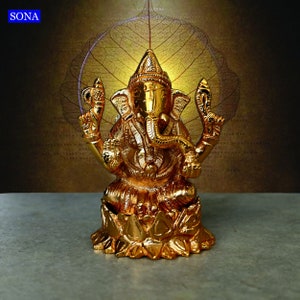 Gold Pleated Brass Ganesh Ganpati Ganesha Statue Idol 10 cm Hindu Deity Alter Spiritual Religious Gifts  Housewarming Home Decor Accent