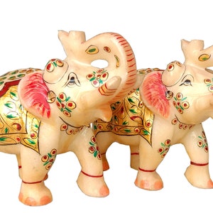 Marble Elephant Statue, Antique Finish Marble Elephant Sculpture, Decorative Marble Elephant, Trunk up Elephant, Decorative Ornaments Animal