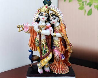 Estatua de Radha Krishna de mármol blanco hecha a mano Radhe Krishna Idol Dios hindú Escultura de ídolos religiosos para el hogar Pooja Room Temple Murti