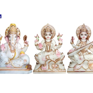 White Marble Ganesh Laxmi Saraswati Statue Idol Moorti, Marble Ganpati Statue Idols, Marble Lakshmi Statue Idols, Hindu Deity for Home