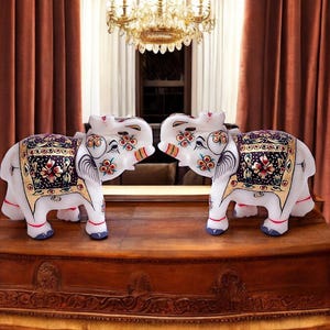 Handcrafted Marble Elephant Figurines – Traditional Rajasthani Art with Gemstone painting Work | Home Decor Accent | Traditional Gift Crafts