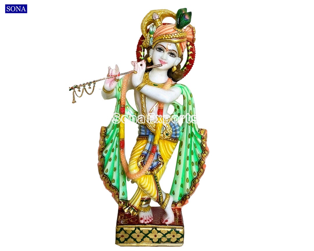 White Marble Krishna Statue, 15 Inch Marble Krishna Idol, Marble Krishna Murti, Exquisite