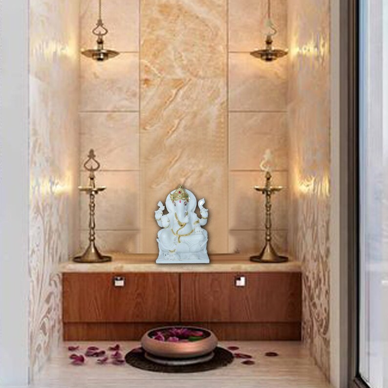 White Marble Ganesh Idol, Marble Ganesh Statue, Marble Ganesh Moorti, Marble Ganpati Statue, Religious Idols Hindu Home Temple Deity image 4