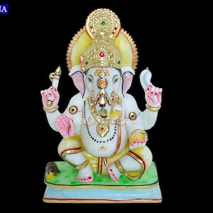 9 Inch Natural White Marble Ganesh Statue Idol Ganesha Moorti Murti Sculpture Small Ganesh for Hindu Home Temple Ganpati Statues  Artifacts