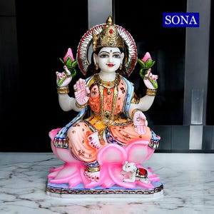 12" Natural Marble Lakshmi Statue, Laxmi Statue Marble, Goddess Lakshmi Murti Idol Sculpture Hindu Home Pooja Room Laxmi sitting on Lotus